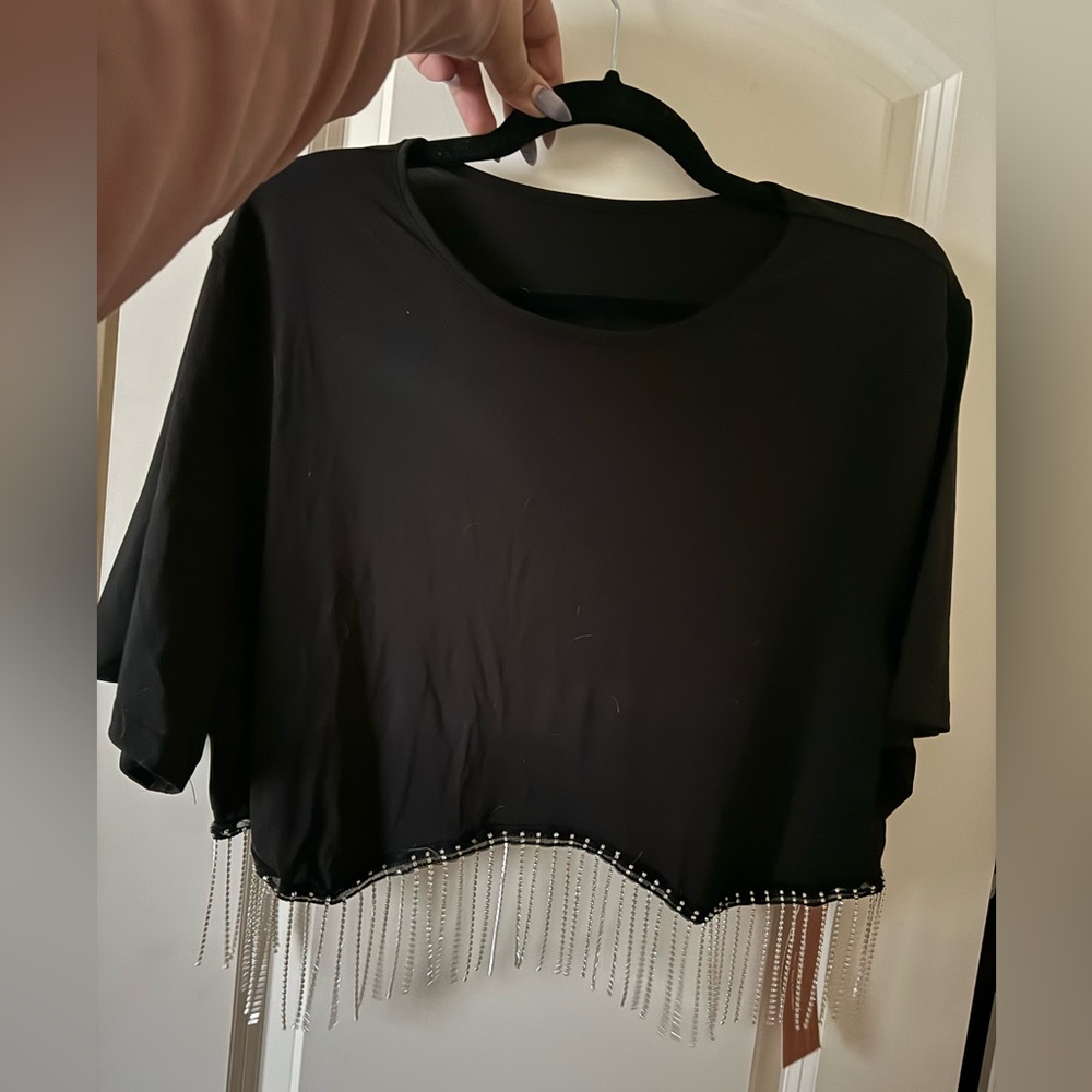 SHEIN Black Crop Top w. Sparkle Fringe in Front